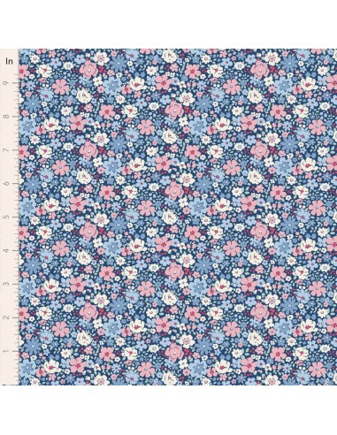 Tilda Village Life Esther Blue, Tessuto Blu con piccoli fiori colorati Tilda Fabrics - 1
