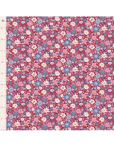 Tilda Village Life Esther Burgundy, Tessuto Bordeaux con piccoli fiori colorati Tilda Fabrics - 1