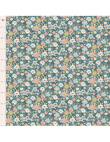 Tilda Village Life Esther Petrol, Tessuto Blu Petrolio con piccoli fiori colorati Tilda Fabrics - 1