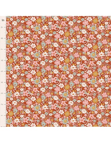 Tilda Village Life Esther Rust, Tessuto Rosso con piccoli fiori colorati Tilda Fabrics - 1