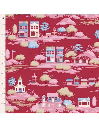Tilda Village Life Village Burgundy, Tessuto Bordeaux con Casette e Alberi Tilda Fabrics - 1