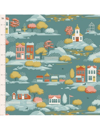 Tilda Village Life Village Teal, Tessuto Azzurro Teal con Casette e Alberi Tilda Fabrics - 1