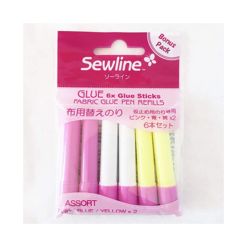 GLUE PEN - 6 Ricariche per Colla Stick per Tessuto Idrosolubile Blu, Gialle, Rosa Sewline - 1