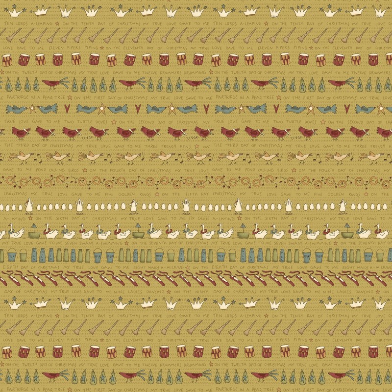 Henry Glass, On The 12th Day by Anni Downs - Tessuto Verde con Song Design - 110cm Henry Glass - 1