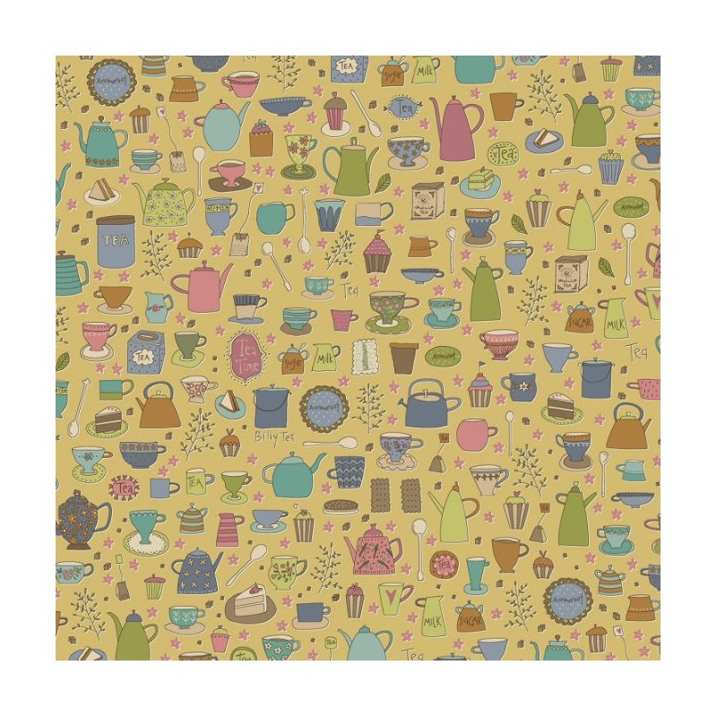 Henry Glass, Tealicious by Anni Downs - Tessuto Giallo con Tazze, Teiere e Dolci - 110cm Henry Glass - 1