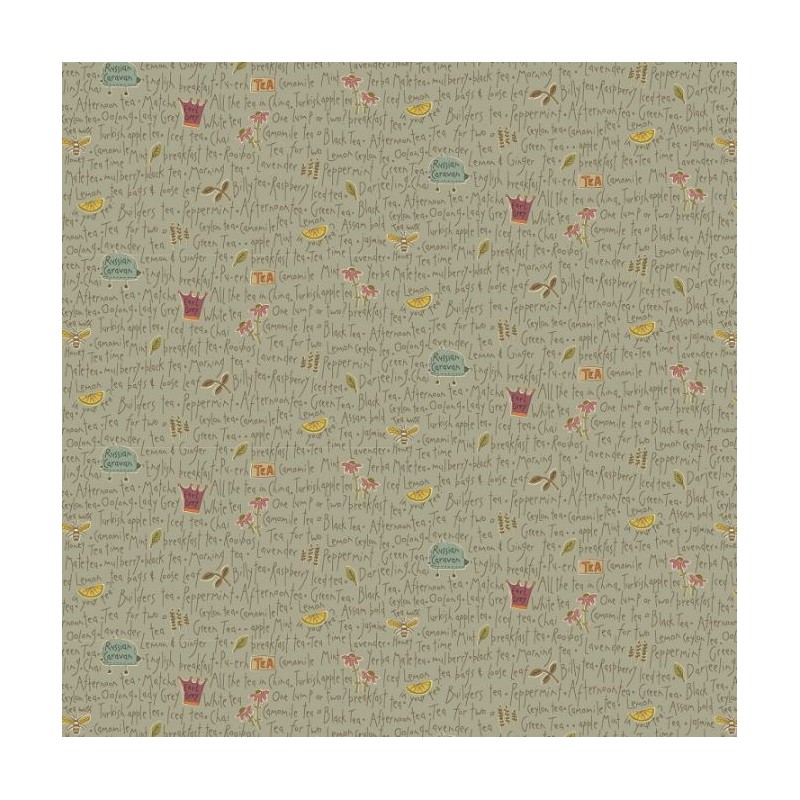 Henry Glass, Tealicious by Anni Downs - Tessuto Verde Polvere con Parole Tealicious - 110cm Henry Glass - 1