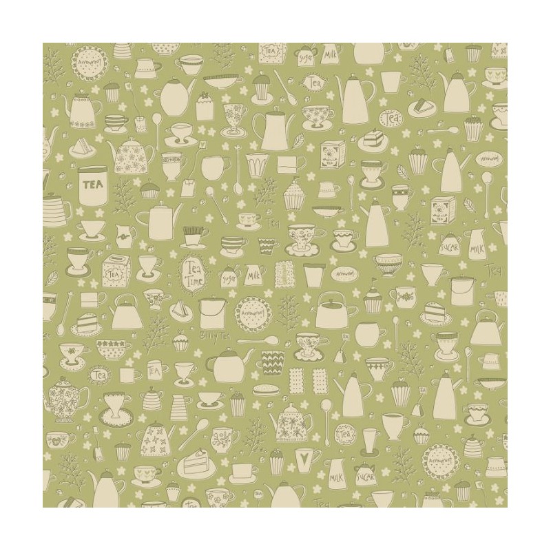 Henry Glass, Tealicious by Anni Downs - Tessuto Verde Salvia con Tazze, Teiere e Dolci - 110cm Henry Glass - 1