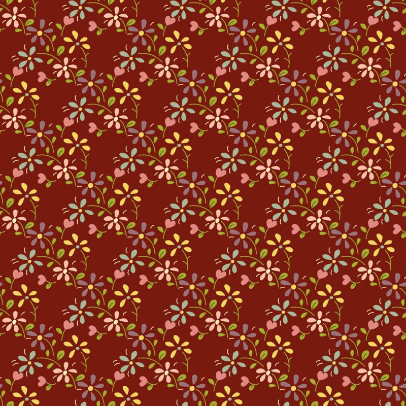 EQP Tomorrow's Heritage - Summer Meadow Cranberry Red, Tessuto Rosso Mirtillo con Prato Fiorito Ellie's Quiltplace Textiles - 1