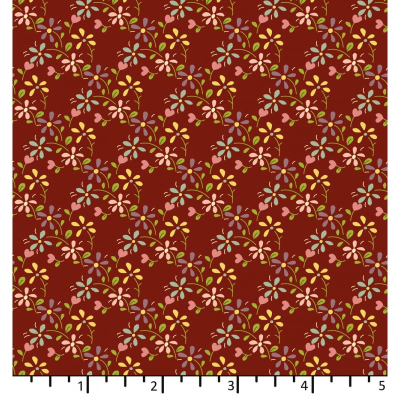EQP Tomorrow's Heritage - Summer Meadow Cranberry Red, Tessuto Rosso Mirtillo con Prato Fiorito Ellie's Quiltplace Textiles - 2