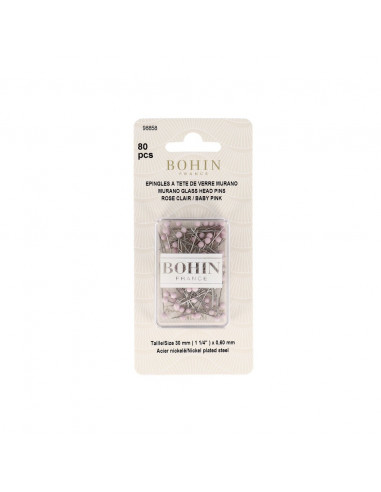 Bohin, Spilli con Testa Vetro di Murano Rosa 30x0.60mm - 80 pz Bohin - 1