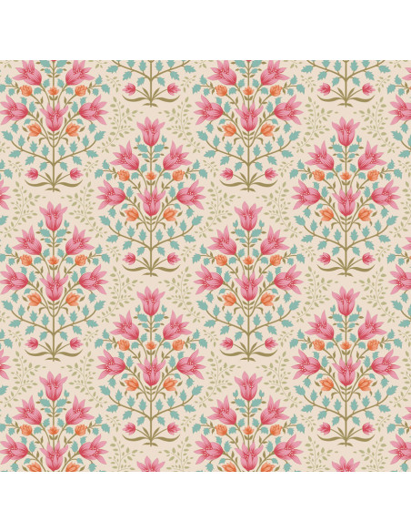 Tilda Windy Days Breeze Pink, Tessuto Panna con Fiori Rosa e Foglie Azzurre Tilda Fabrics - 1