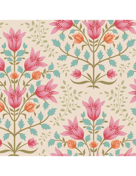 Tilda Windy Days Breeze Pink, Tessuto Panna con Fiori Rosa e Foglie Azzurre Tilda Fabrics - 2