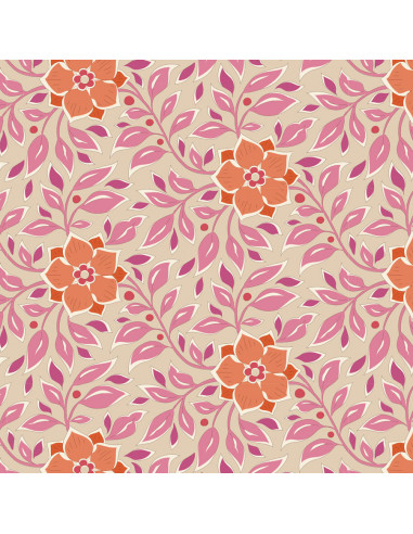 Tilda Windy Days Wendy Pink, Tessuto Panna con Fiori Arancioni e Foglie Rosa Tilda Fabrics - 2