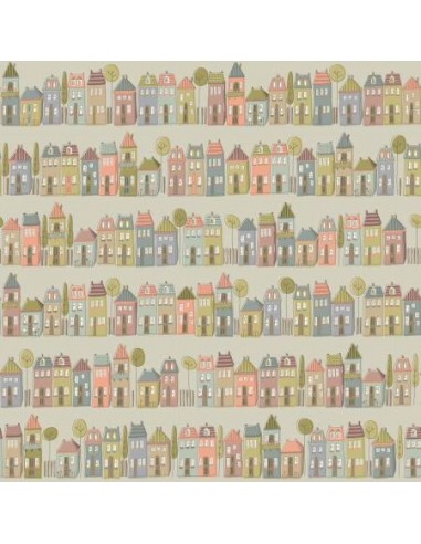 My Neighborhood by Anni Downs, Tessuto Verde Salvia Fila di Casette Henry Glass - 1