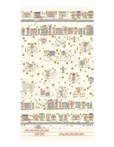 My Neighborhood by Anni Downs, Tessuto Crema Disegno Quartiere con Casette Henry Glass - 1