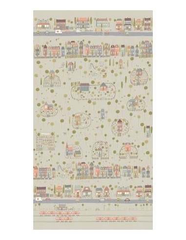 My Neighborhood by Anni Downs, Tessuto Verde Salvia Disegno Quartiere con Casette Henry Glass - 1