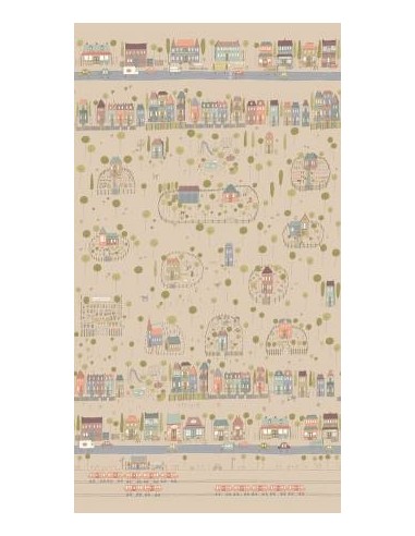 My Neighborhood by Anni Downs, Tessuto Tortora Disegno Quartiere con Casette Henry Glass - 1