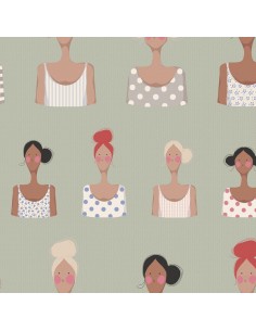 Tilda Me and My Friends Khaki, Tessuto Cachi con Signorine al Mare Tilda Fabrics - 1 2