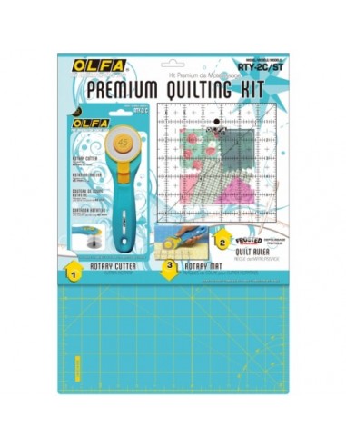 OLFA Premium Quilting Kit - Piano di Taglio Azzurro + Taglierina Rotante + Righello in pollici Olfa - 1