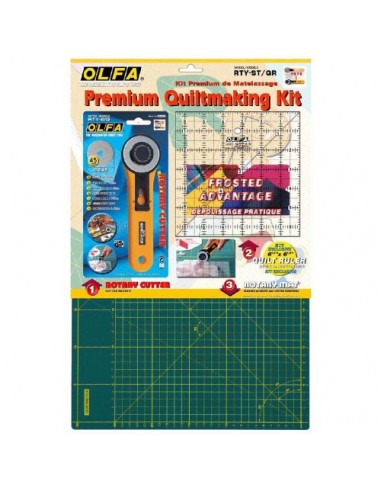 OLFA Premium Quilting Kit - Piano di Taglio Verde + Taglierina Rotante + Righello in cm Olfa - 1