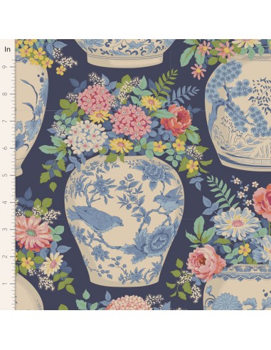 Tilda Chic Escape Flowervase Blue Navy, Tessuto Blu con Fiori in Vaso Tilda Fabrics - 1