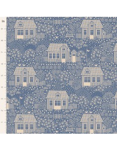 Tilda Hometown My Neighborhood Blu, Tessuto Blu con Disegno Case e Decorazioni Floreali Panna Tilda Fabrics - 1