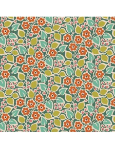Tilda Pie in the Sky TopsyTurvy Pine- Tessuto Fondo Verde con folto motivo Floreale Arancione con bacche salmone e foglioline Ti
